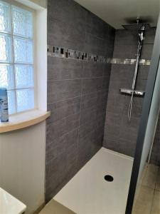 ein Bad mit einer Dusche mit grauen Fliesen in der Unterkunft la maison du lac in Parentis-en-Born