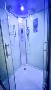 a shower with a glass door in a bathroom at Suites Bocas del Toro in Carenero