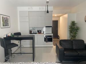 cocina y sala de estar con mesa y sofá en Apartment Vito en Vantaa
