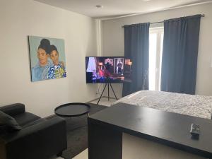 a living room with a bed and a flat screen tv at Apartment Vito in Vantaa