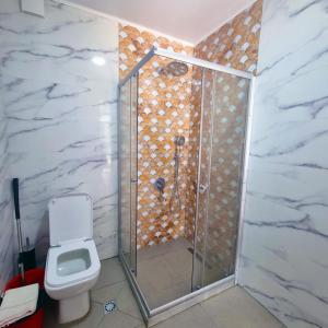 La salle de bains est pourvue d'une douche et de toilettes. dans l'établissement GiNa Shekvetili, à Shekvetili