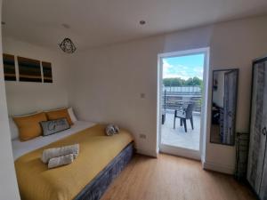 a bedroom with a bed and a sliding glass door at Stunning roof terrace studio flat in London