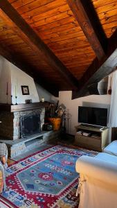 a living room with a fireplace and a rug at Chalet Cheverel (AO) in Remondey