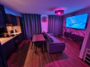 a living room with a couch and a table and a tv at 2 pièces, SPA et terrasse, Nancy Thermal in Nancy
