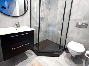 a bathroom with a shower and a toilet and a sink at Apartament Centrum B in Wejherowo