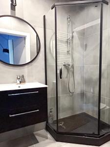 a bathroom with a shower with a sink and a mirror at Apartament Centrum B in Wejherowo