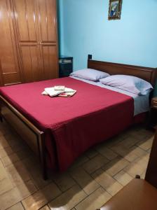 ein Bett mit einer roten Decke darüber in der Unterkunft Montemartano in Spoleto