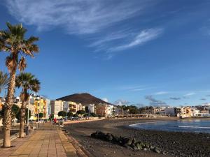 a beach with palm trees and buildings on it at Encanto Natural de Arinaga in Arinaga