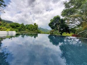 une piscine à débordement avec des arbres et des montagnes en arrière-plan dans l'établissement Villa La Fortuna, à Filipina