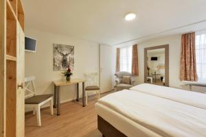 a hotel room with a bed and a desk and a chair at Hotel Hirschen in Zürich