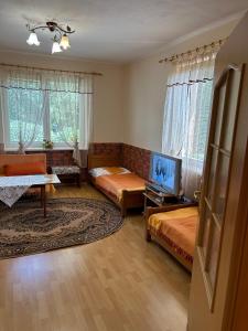 a bedroom with two beds and a tv in it at Privát Lenka in Prosiek