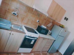a small kitchen with a stove and a microwave at Apartman MR in Potpićan