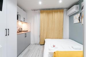 Cette petite chambre comprend un lit et une cuisine. dans l'établissement MYFREEDOM Апартаменти на Подолі, à Kiev