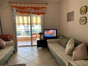 uma sala de estar com um sofá e uma televisão em Arbi's Pool View Apartment em Golem