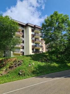 レ・ルースにあるCHARMANT T2 de MONTAGNE à la STATION DES ROUSSES AVEC BALCON ET GARAGEの道路横の丘の上の建物