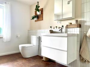 uma casa de banho branca com um WC e um lavatório em Top modernes Appartement mit Blick ins Grüne em Kißlegg