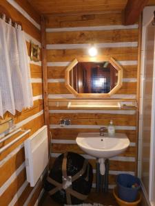 a bathroom with a sink and a mirror at Domek na Polance in Rajcza