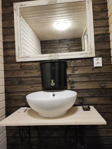 a bathroom with a bowl sink and a mirror at Sinilähteen Helmi in Heinola
