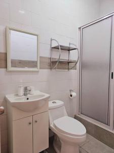 W łazience znajduje się toaleta, umywalka i prysznic. w obiekcie Exclusivo Dpto 101 con Terraza en Antofagasta w mieście Antofagasta