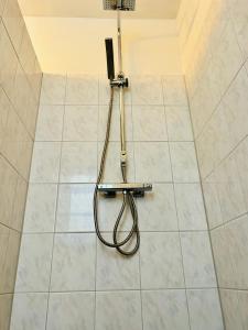 a shower in a bathroom with a hose on the floor at Leiden City Centre Canal View or Terrace View Apartments in Leiden