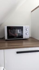 a microwave oven sitting on top of a counter at Ferienwohnung Fischerteich in Detmold in Detmold