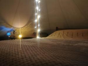 a room with a bed with lights on it at Lainey's Rest in Wisbech