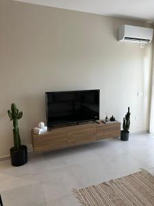 a living room with a large flat screen tv on a wall at Suit Apartment Golem, Durres in Golem
