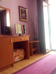 Zimmer mit einem Schreibtisch, einem TV und einem Hundebett in der Unterkunft Guest rooms Sveti Nikola in Pomorie