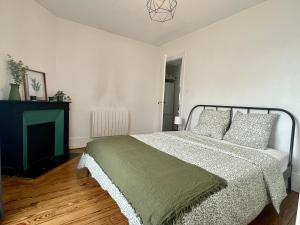1 dormitorio con 1 cama y chimenea en Le Parisien Choisy, 15 min de Paris en RER C, Proximité Orly, en Choisy-le-Roi