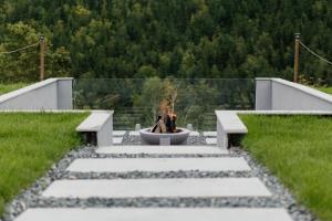 a fire pit in the middle of a field with grass at Cabana Ruth in Valea Ierii