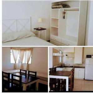 two pictures of a kitchen and a room with a table and a bed at Cabañas Teodoro in Tanti