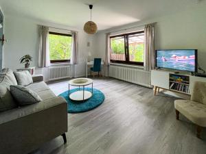 a living room with a couch and a tv at Ferienwohnung Hitzacker/Elbe in Hitzacker