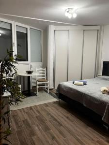 a bedroom with a bed and a table and a chair at Squeeze The Day in Belgrade