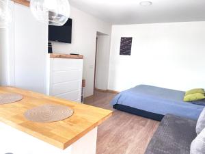 a small bedroom with a bed and a table at Cozy apartment with lake view in Trakai