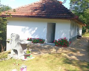 a small white house with flowers in the yard at Family house in Visoko