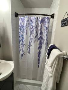 y baño con cortina de ducha y lavamanos. en Spacious 3 Bedroom Home in Martinsburg WV. en Martinsburg