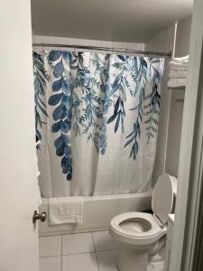 a bathroom with a toilet and a shower curtain at Spacious 3 Bedroom Home in Martinsburg WV. in Martinsburg