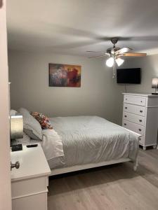 a bedroom with a bed and a dresser and a ceiling fan at Spacious 3 Bedroom Home in Martinsburg WV. in Martinsburg