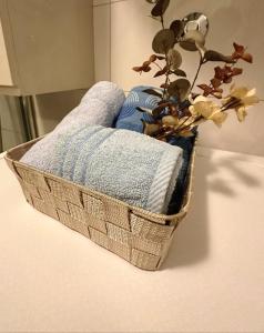 a basket with towels and a plant on a counter at Dono apartment in Skopje +16 photos