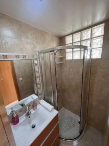 a bathroom with a shower and a sink and a toilet at Apartamento Familia Silva in Nazaré