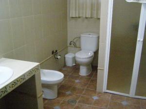 une salle de bain avec toilettes, lavabo et douche dans l'établissement Casa Rural el Pinar en Posadas Córdoba, à Posadas 20 autres photos