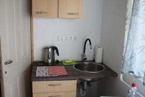 a kitchen with a sink and a coffee maker on a counter at Castellum Apartman in Keszthely