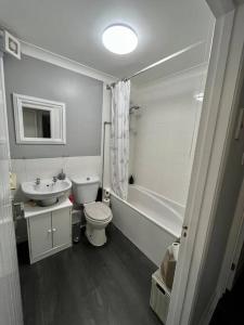 a bathroom with a toilet and a sink and a shower at Newly Refurbished Apartment with private parking in Southampton