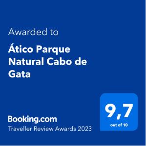 Certifikát, ocenenie alebo iný dokument vystavený v ubytovaní Ático Parque Natural Cabo de Gata