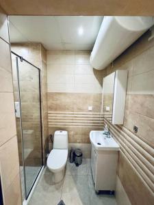 Un baño con inodoro, lavabo y ducha. en Barbie Studio, en Sofía