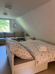 a bedroom with a bed and a couch at Chatka pod Lysou in Ostravice +56 photos