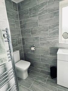 a bathroom with a toilet and a tiled wall at OurGreystones - Pet friendly home from home stay. in Valley