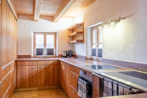 a large kitchen with wooden cabinets and a sink at Alm Chalet Grosseck in Mariapfarr