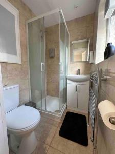 a bathroom with a toilet and a shower and a sink at Dallas House - Easy links to LHR and London in Hayes