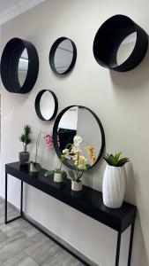 a black console table with a mirror and potted plants at RNB Guesthouse in Roodepoort